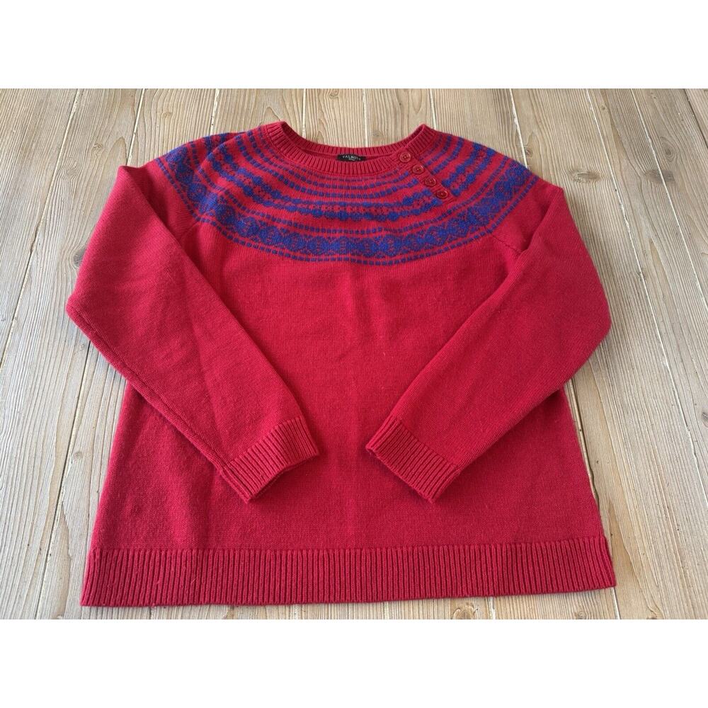 Talbots Sweater Pullover Red Blue Nordic Fair Isle Knit Large Petite LP
